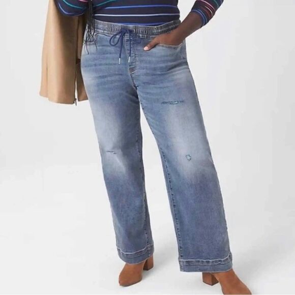 Lane Bryant Wide Leg elastic waist Drawstring Trouser Distressed High Rise jeans - Picture 1 of 9